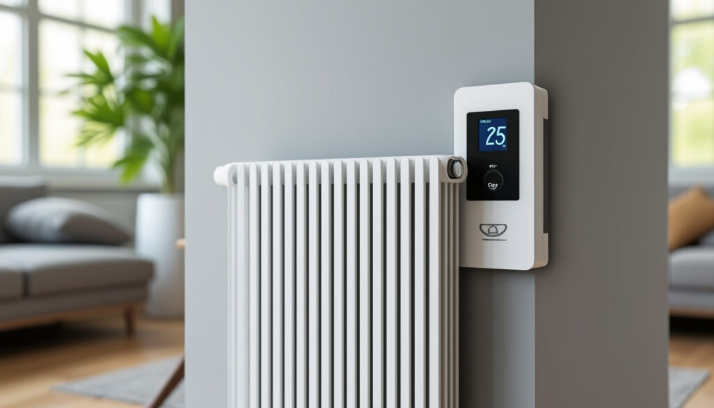 Radiateur électrique moderne dans une pièce rénovée avec tableau électrique propre