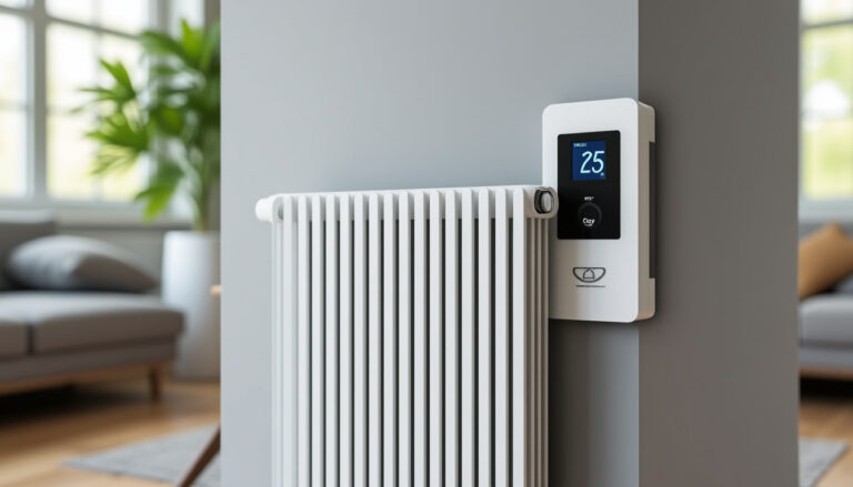 Radiateur électrique moderne dans une pièce rénovée avec tableau électrique propre