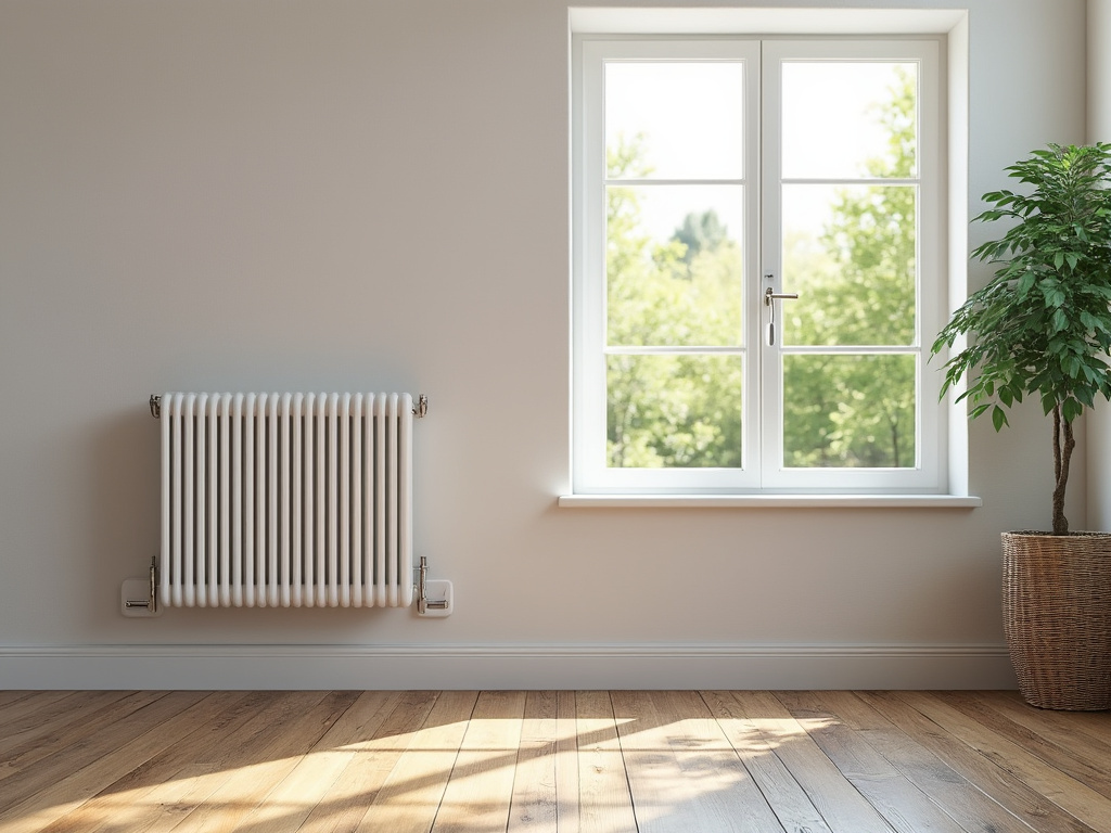 Intérieur de maison rénovée avec radiateur électrique sous une fenêtre