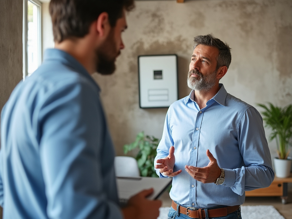 Conseiller énergie échangeant avec un particulier devant un tableau électrique