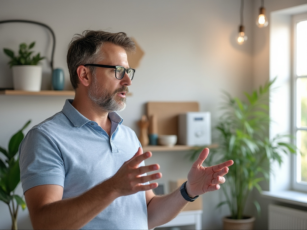 Conseiller énergie discutant avec un particulier dans une maison