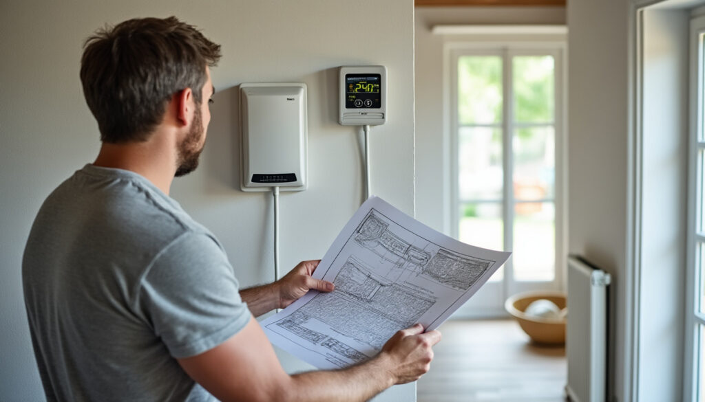 Conseiller énergie expliquant la rénovation énergétique dans une maison française