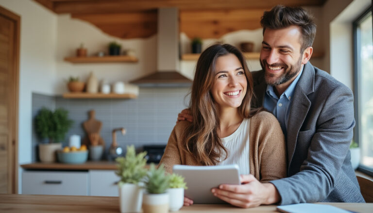 Conseiller énergie avec un couple discutant d'un dossier MaPrimeRénov' dans une maison rénovée