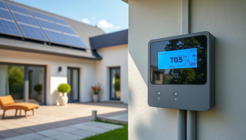 Maison rénovée avec panneaux solaires sur le toit et tableau électrique propre