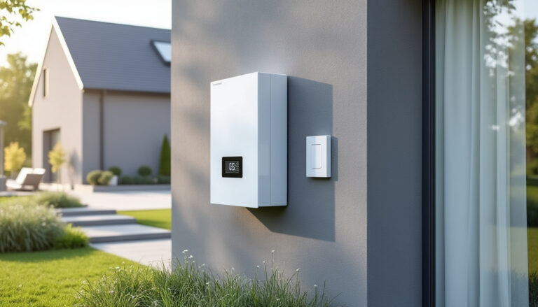 Pompe à chaleur installée sur une maison rénovée avec compteur électrique à côté