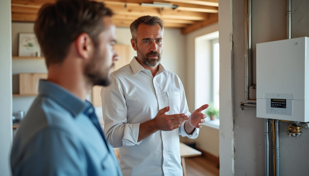 Conseiller énergie et particulier discutant rénovation énergétique dans une maison