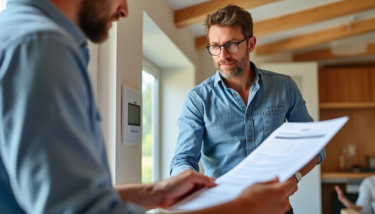 Conseiller énergie expliquant la prime CEE Total à un particulier devant une maison rénovée