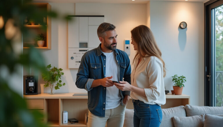 Conseiller énergie expliquant la prime énergie Engie à un couple dans leur maison