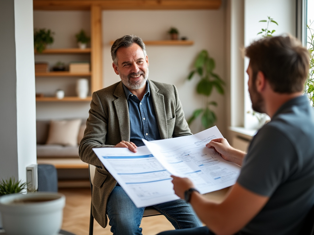 Conseiller énergie discutant devis travaux avec particulier