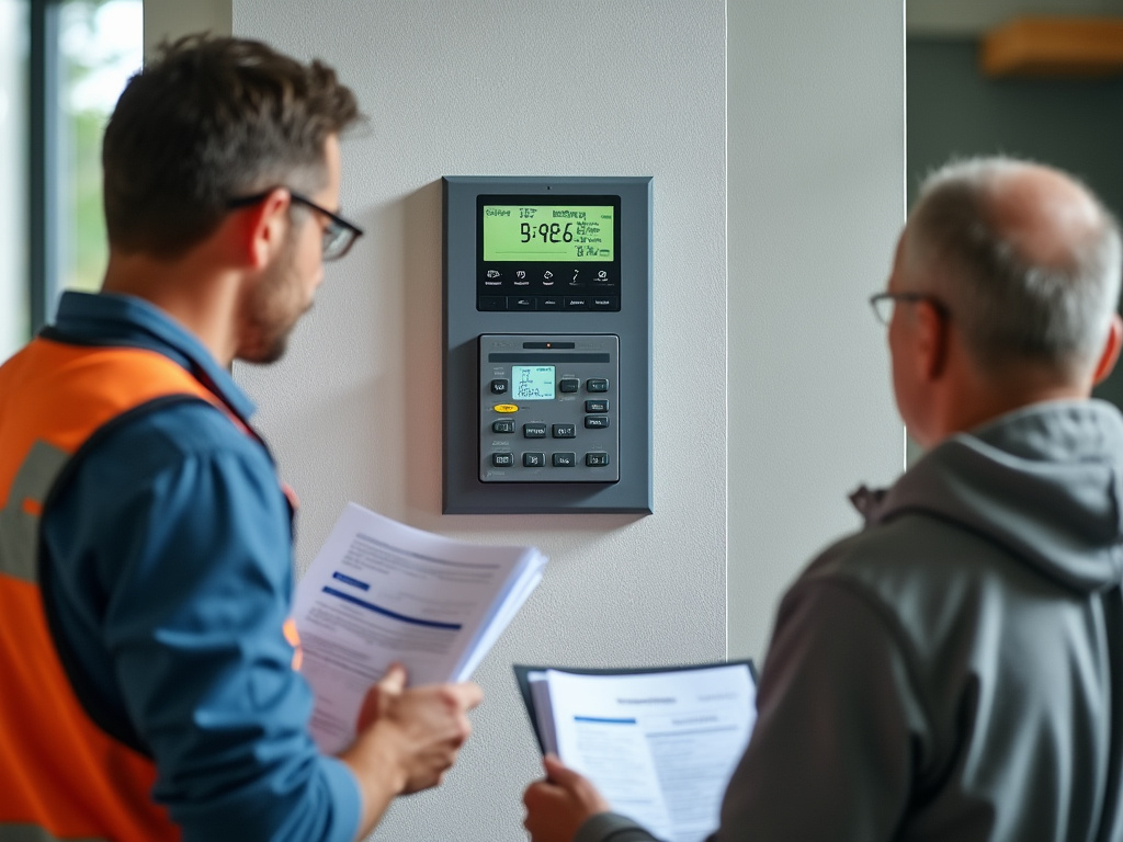 Conseiller énergie avec propriétaire devant tableau électrique