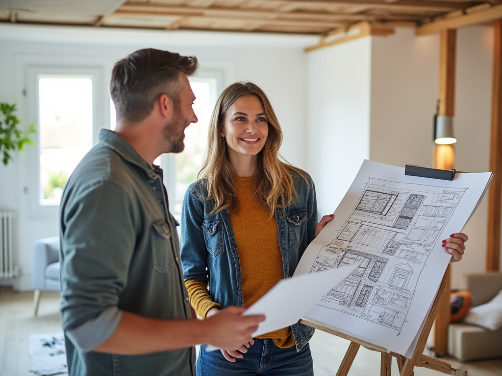 Conseiller énergie avec un couple devant un plan de maison