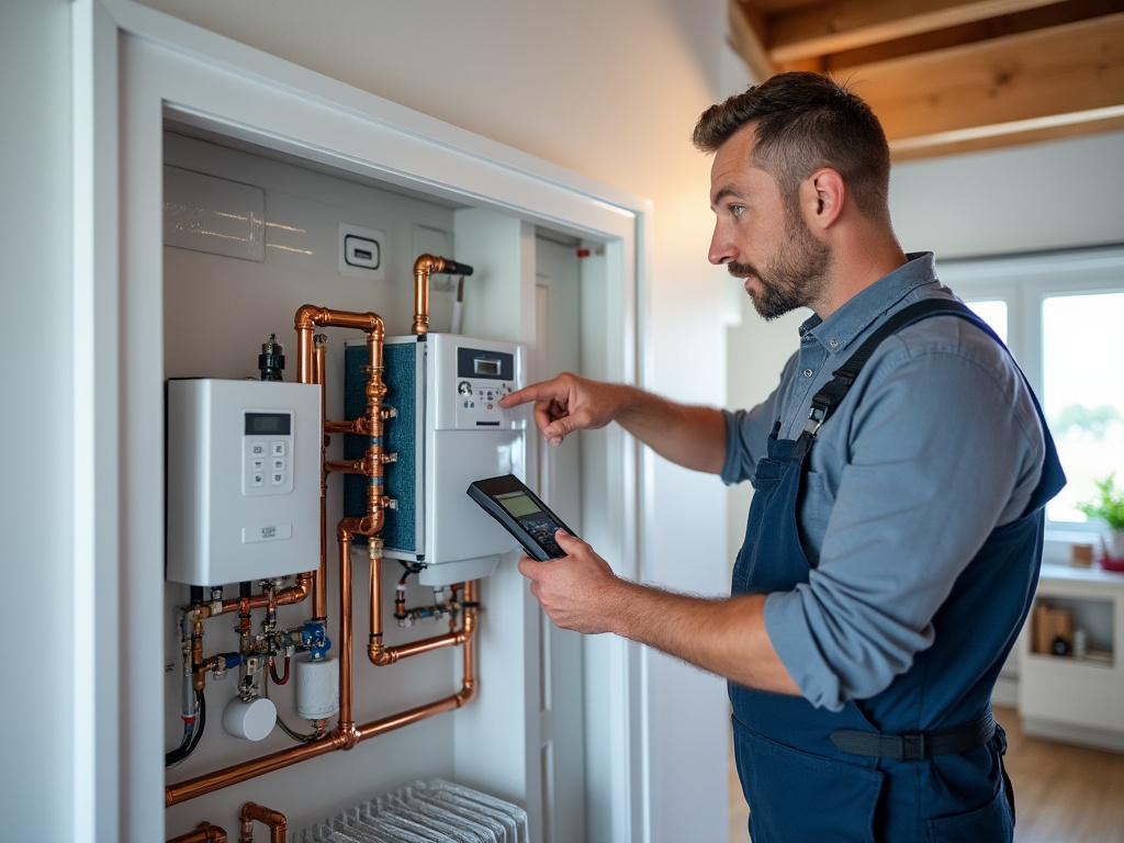 Conseiller énergie expliquant un schéma d'installation pompe à chaleur air/eau